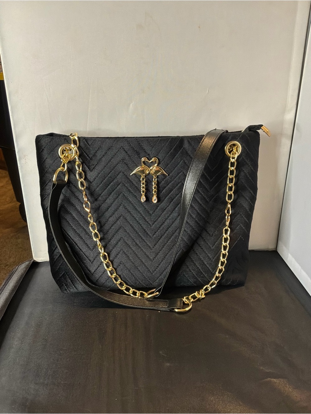 Black Quilted Shoulder Bag with Gold Chain Accents - Picture 1 of 3